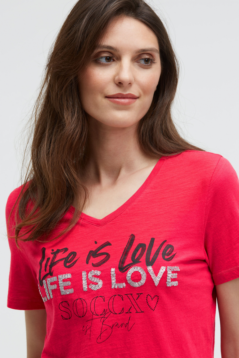 T-Shirt mit V-Ausschnitt und Pailletten-Wording