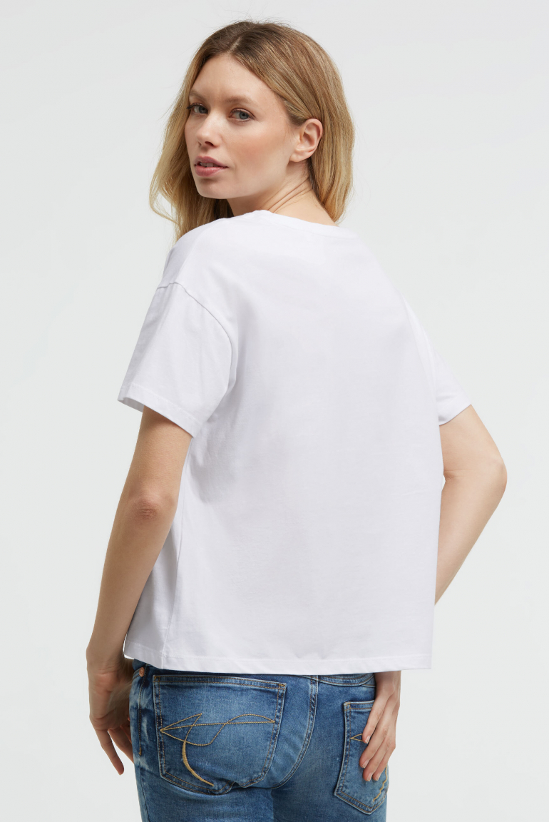 Boxy T-Shirt mit Print und Schmucksteinen