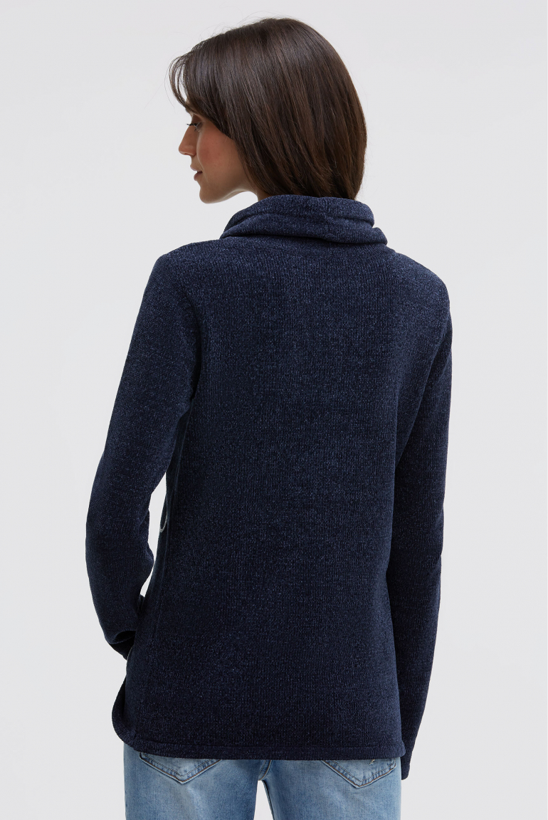 Chenille-Pullover mit hohem Kragen und Artwork