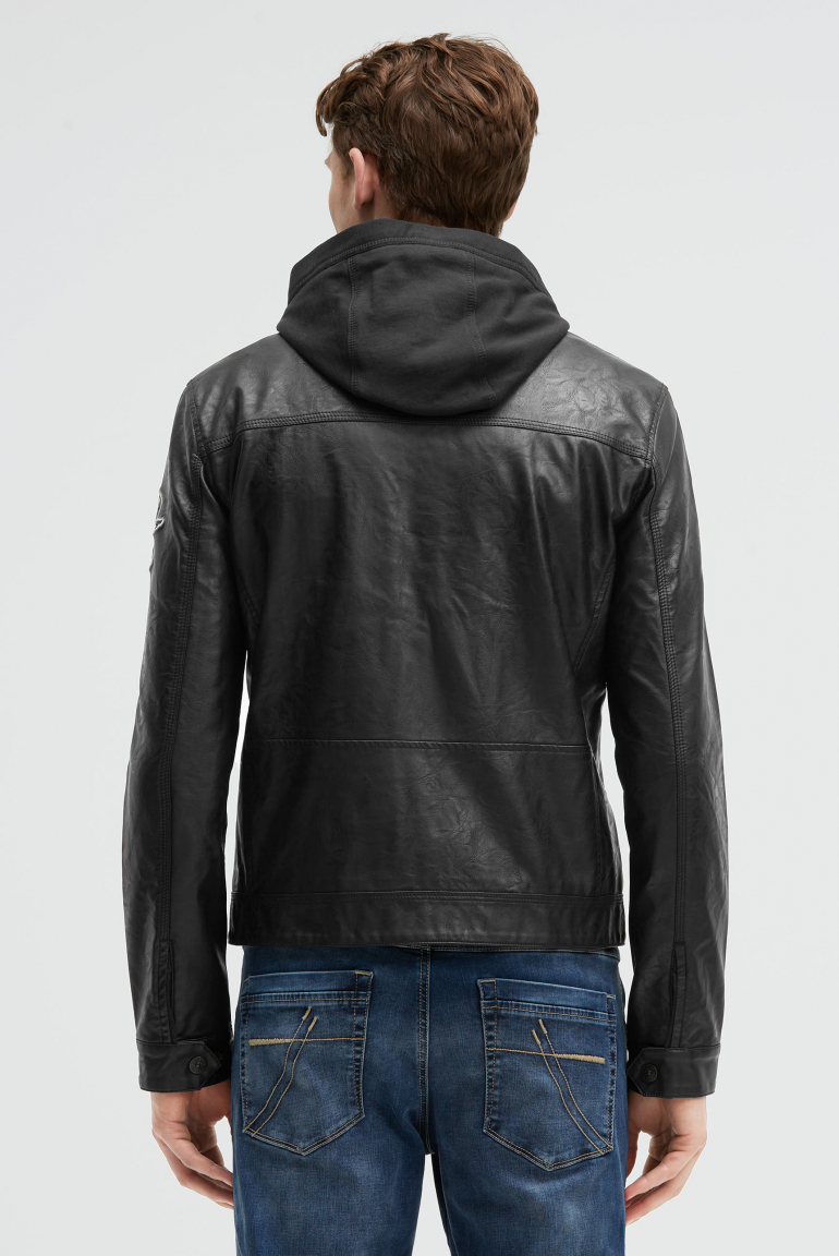 Jacke aus Kunstleder mit abknöpfbarer Sweatkapuze