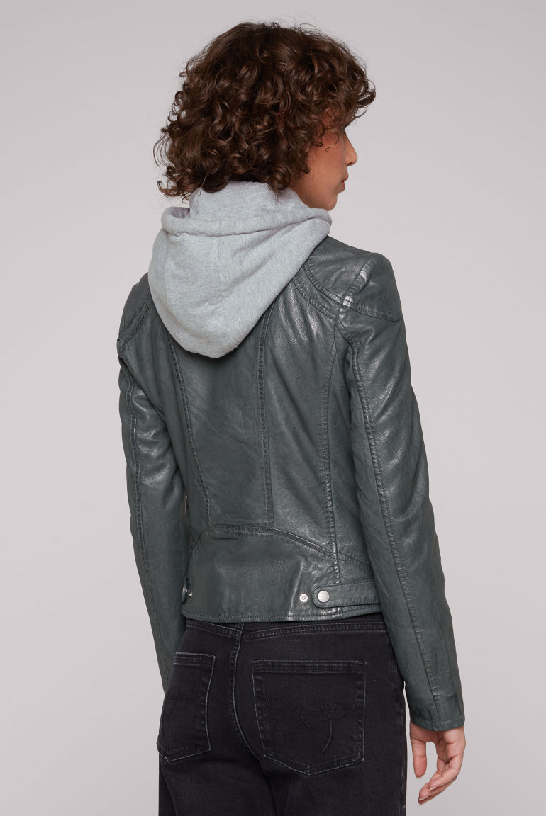 Lederjacke im Biker-Stil mit Kapuzeneinsatz