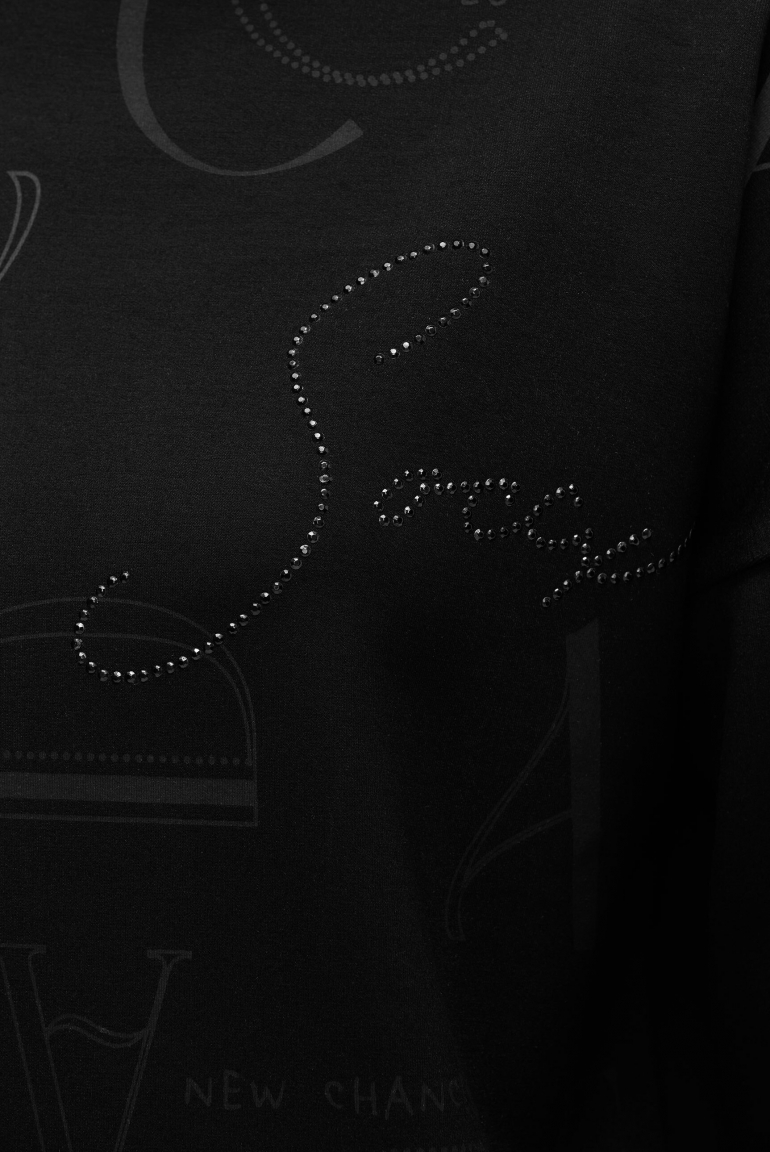 Boxy-Sweatshirt mit Print und Schmucksteinen