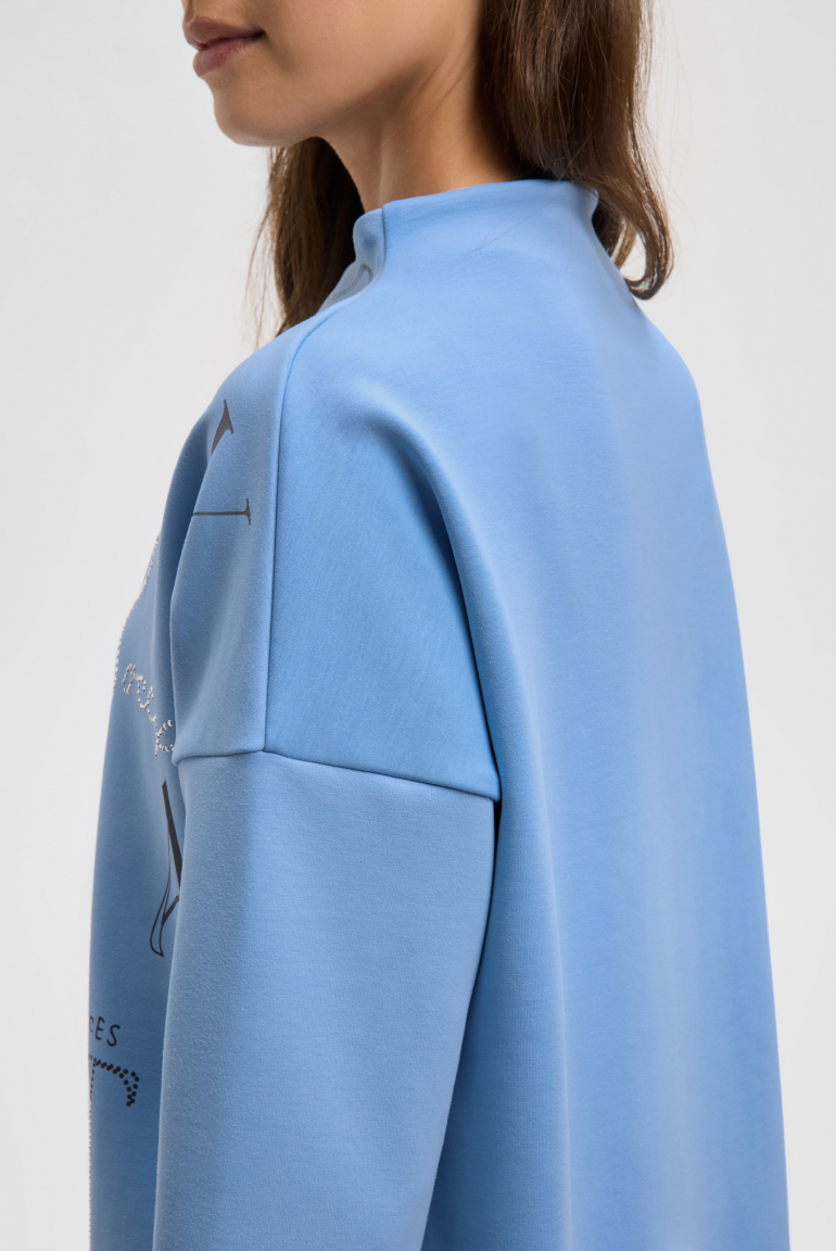 Boxy-Sweatshirt mit Print und Schmucksteinen