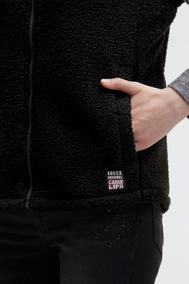 Loop-Fleece-Weste im Materialmix mit Kapuze