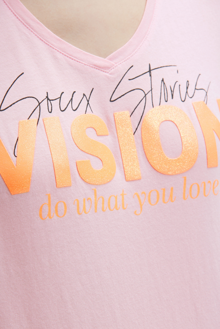 T-Shirt mit V-Ausschnitt und Glitter Print