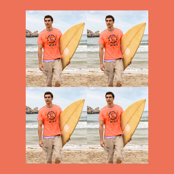Model trägt T-Shirt und hält ein Surfbrett in der Hand